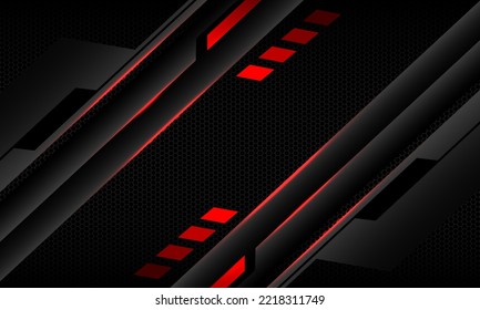 Resumen: Banner geométrico ciberdinámico de línea roja metálica negro sobre diseño de malla hexagonal negro de lujo ultramoderno tecnología futurista ilustración vectorial de fondo.