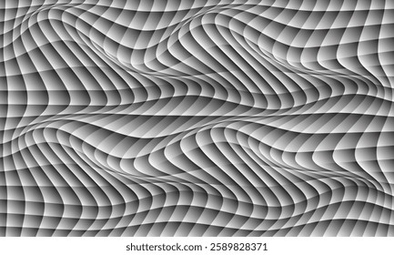 Abstract Metallic Wavy Grid Pattern with 3D Optical Illusion Effect in Black, White, and Silver Tones