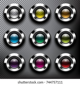 Abstract metallic web buttons set of 9. Round glass web icons with chrome frame. Isolated with realistic, transparent glass shine and shadow on the dark background. Vector illustration. Eps10.