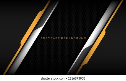 Abstract metallic yellow line black cyber geometric line slash overlap on black hexagon mesh pattern design modern luxury futuristic technology background vector illustration.