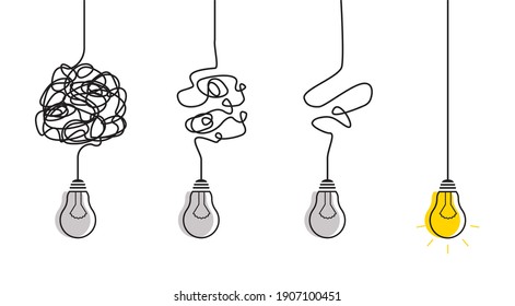 Abstract metaphor of business problem solving or difficult situation. Simplification streamlining process with lightbulbs. Tangle tangled and unraveled.Vector idea concept isolated on white background