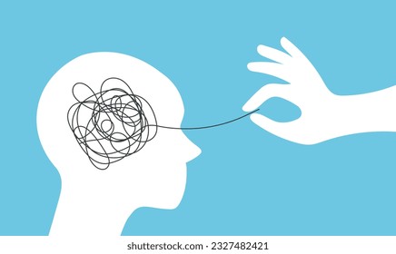 Abstract metaphor of psychotherapy. Head silhouette with mental disorder. Tangled thoughts, chaos and stress. Concept of solving difficult situation.