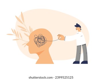 Abstract metaphor of psychotherapy. A man pulls a thread to untangle a knot. Head silhouette with mental disorder. Tangled thoughts, chaos and stress. Concept of solving difficult situation. Not ai.
