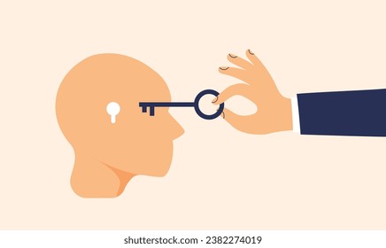 Abstract metaphor of psychotherapy and psychology. Human head with a keyhole and key. Concept of solving difficult situation. Open mind. Health care. Vector illustration in a trendy flat style.