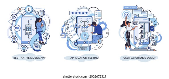 Abstract metaphor set. Mobile app development process. React best native mobile app, user interface, experience design, usability application testing, software architecture. User experience ux design