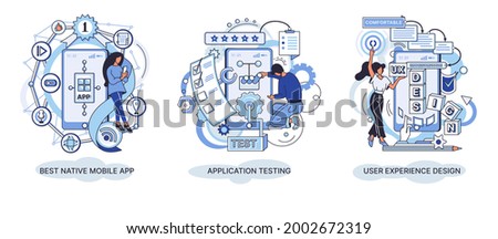 Abstract metaphor set. Mobile app development process. React best native mobile app, user interface, experience design, usability application testing, software architecture. User experience ux design