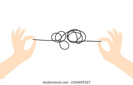 Abstract metaphor of solving difficult situation. Hands untangling tangled thoughts. Chaos or mess. Psychotherapy concept. Vector illustration.