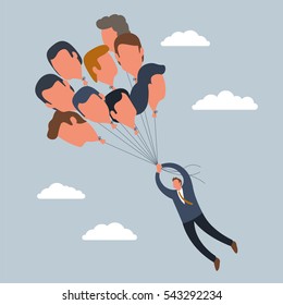 Abstract Metaphoric Illustration With The Person That Is Flying By Holding Heads Balloons Of Other People Ideas. Corporate Culture Context.