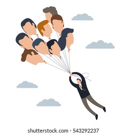 Abstract Metaphoric Illustration With The Person That Is Flying By Holding Heads Balloons Of Other People Ideas. Corporate Culture Context. Image Isolated On White Background.