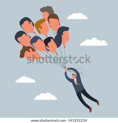 Abstract metaphoric illustration with the person that is flying by holding heads balloons of other people ideas. Corporate culture context.