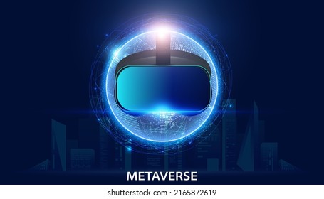 Abstract Metaverse VR glasses Virtual reality headset Concept blue of Future digital technology metaverse connected to the virtual space on a modern background.