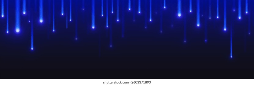 Abstract meteor rain on blue background. Vector realistic illustration of neon light lines glowing, sparkles falling down, luminous rays motion, high tech presentation backdrop, communication network
