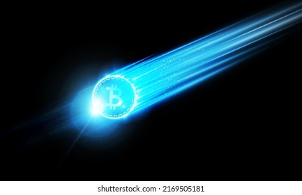 Resumen del meteorito de Bitcoin en el fondo futurista de la tecnología Light out Hitech concepto de innovación, diseño vectorial