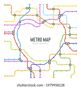 Abstract metro map in shape of heart. Vector subway underground scheme. City transportation diagram concept. Colorful metro journey for poster design.