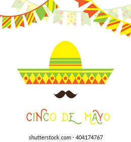Abstract Mexican face with large mustache and sombrero hat cartoon flat style design element. Vector illustration.