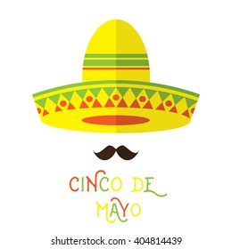 Abstract Mexican face with large mustache and sombrero hat cartoon flat style design element. Vector illustration.