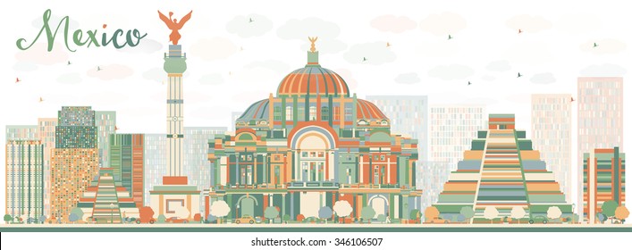 Abstract Mexico skyline with color landmarks. Vector illustration. Business travel and tourism concept with historic buildings. Image for presentation, banner, placard and web site.