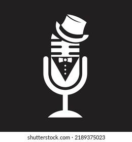 abstract mic and hat. vintage microphone and bow tie man podcast logo design vector