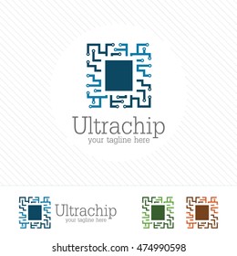 Abstract micro chip symbol logo . processor icon with technology element vector.