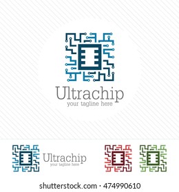 Abstract micro chip symbol logo . processor icon with technology element vector.
