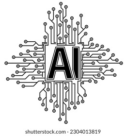 Abstract microchip icon with circuit board in black color with letters AI in the center against white background. artificial intelligence concept