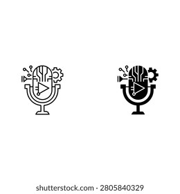 Abstract microphone icon with sound waves and musical notes music icon recording