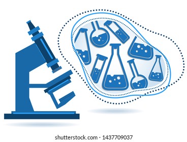 Abstract microscope background with the study of bacteria, molecules, substances. Science, education, chemistry, experiment, laboratory concept. Vector illustration for your design.