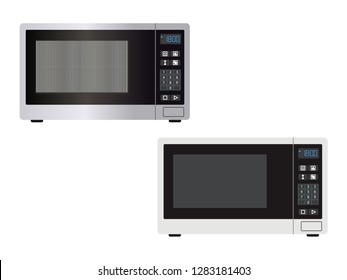 Vista frontal de microondas abstracta con la puerta cerrada y controles - ilustración vectorial o elemento de diseño gráfico. La imagen del equipamiento de cocina aislada en blanco - contornos simples y con luz y sombra.