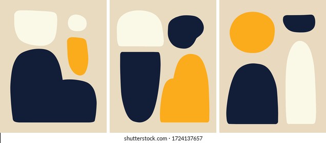 Abstract mid century art set, Blue and yellow color palette minimalist paintings, vector illustration set of 3