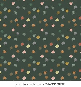 Abstract mid century background of fuzzy coloful stars sprinkled on khaki green field. Muted colorful confetti pattern for child products.