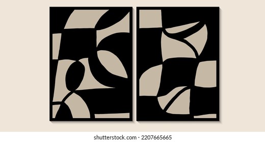 Abstract Mid Century Black Shapes. Minimalist wall art in siyah, bej colors. Simple line style. Black geometric shapes, circles, Modern creative pattern.