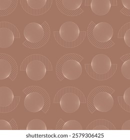 Abstract mid century linear seamless pattern with geometric shapes of neurographic circles on a mocha colored mousse background evoking a soft brown color. 
