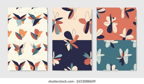 Abstrato meados século modernos padrões florais para desenhos de têxteis e papel de parede com formas orgânicas e tons terra