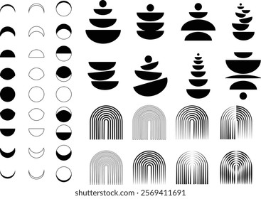 Abstract mid century modern geometric poster moon phases and rain bow icon set. Bauhaus style minimal hipster design flat line collection isolated background. Contemporary for wall decoration artwork