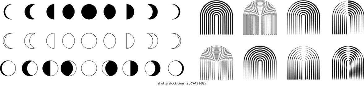 Abstract mid century modern rain bow poster moon phases icon set. Bauhaus style minimal hipster design flat line collection isolated background. Contemporary for wall decoration artwork