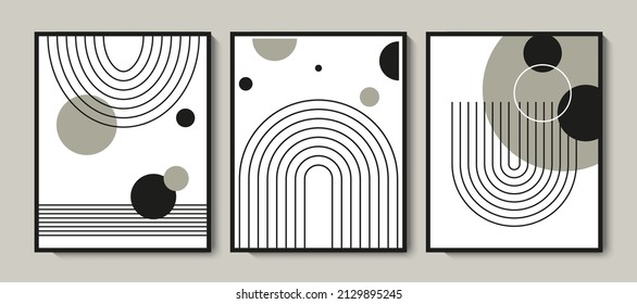 Abstract mid century pattern background set. Collection of modern retro print in black and white colors. Vector illustration for wall decor, wallpaper, card, invitation, cover design