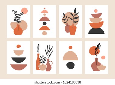 Abstract mid century posters. Contemporary wall art set floral hand drawn organic shapes, boho backgrounds. Vector illustration.