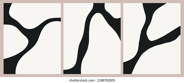 Abstract Mid Century Wall Art Black and White Set of 3 Vector Illustration