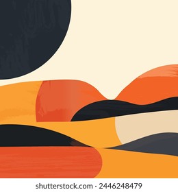 Ilustración moderna Abstractas de mediados de siglo en el estilo de Diseño gráfico de Vector, Formas y líneas simples, colores de puesta de sol de naranja y negro, minimalismo, patrones geométricos simples, tonos cálidos.