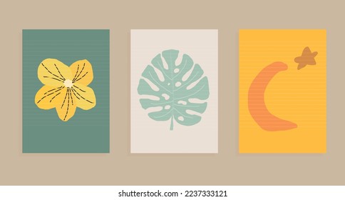 abstract mid-century modern vector wall-art set with crescent moon, tropical flower, leaf  monstera 