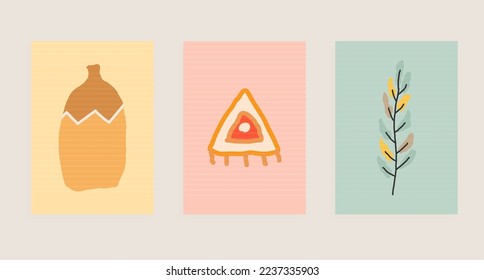 abstract mid-century modern  vector wall-art set with  bottle, branch, triangle
