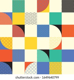 Estilo abstracto de mediados de siglo sin fisuras con formas coloridas sobre fondo pálido. Moto repetible geométrico para el diseño de fondo, envoltura, tela, textil, envoltura, superficie, web e impresión. 
