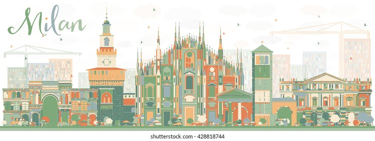 Abstract Milan Skyline with Color Landmarks. Vector Illustration. Business Travel and Tourism Concept with Historic Buildings. Image for Presentation Banner Placard and Web Site.