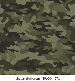 Abstract military camouflage, vector seamless army pattern with skulls.