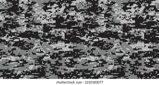 Abstract military digital camouflage seamless pattern design. Black, white and grey digital camouflage. Vector illustration. Repeated pattern of army uniform.