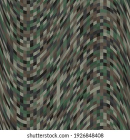 Abstract military or hunting camouflage seamless pattern background. Geometric square shapes chaos. Green and brown color palette for woodland forest. Vector illustration.