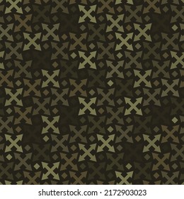 Abstract military or hunting camouflage seamless pattern background. Geometric arrow cross shapes ordered grid. Olive and khaki color palette. Advanced combat uniform vector illustration.