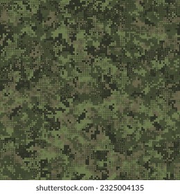 Abstract military or hunting camouflage seamless pattern background. Geometric square shapes chaos. Olive, green color palette for forest. Vector illustration.