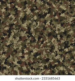 Abstract military or hunting camouflage seamless pattern background. Geometric square shapes chaos. Woodland brown and beige color palette for autumn forest. Vector illustration.