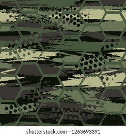 Abstract military pattern with grunge elements, paint splashes, honeycombs, dots. For sportswear, textiles. Grunge background for boys
